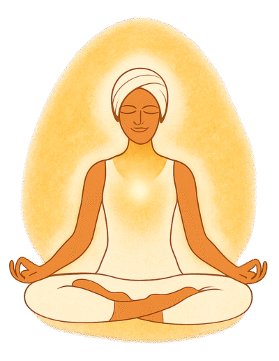 Cuerpo en postura de meditación con luz dorada irradiando.