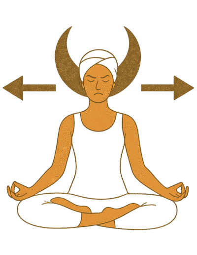 Meditadora entre flechas opuestas y luna creciente.